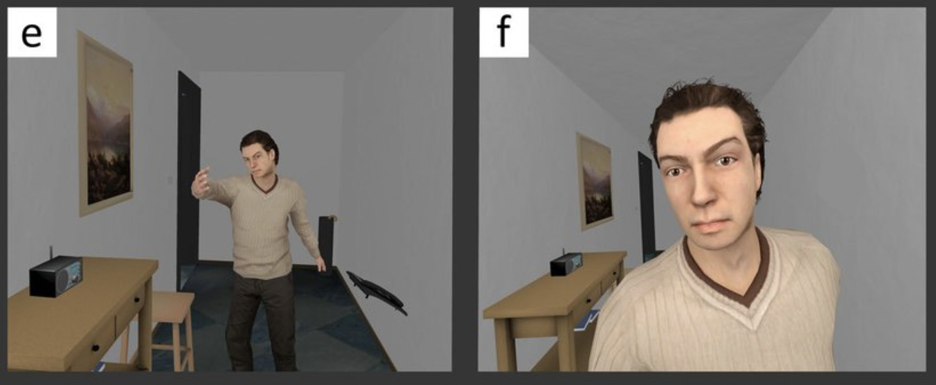 (e) The male virtual character throws a telephone on the floor. (f) The male virtual character invades the personal space of the participant. 