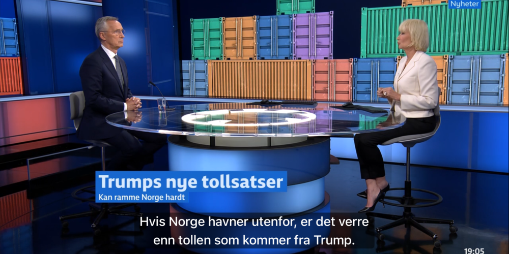 Norway's Minister of Finance, Jens Stoltenberg, talking about the trade war on NRK's prime TV news Dagsrevyen, surrounded by the graphics from the team.